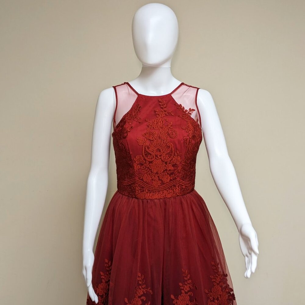 CHI CHI London Fiery Red Fit & Flare Dress w/ Full Tulle Skirt - Picture 3 of 9